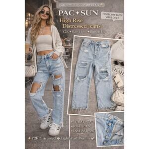 PacSun High Rise Distressed Jeans Light Wash Raw Hem Button Fly 28